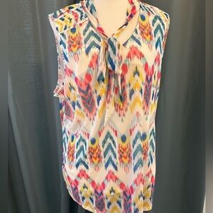 2X A Love Story pink, yellow, blue sleeveless blouse. 95% Polyester 5% Spandex